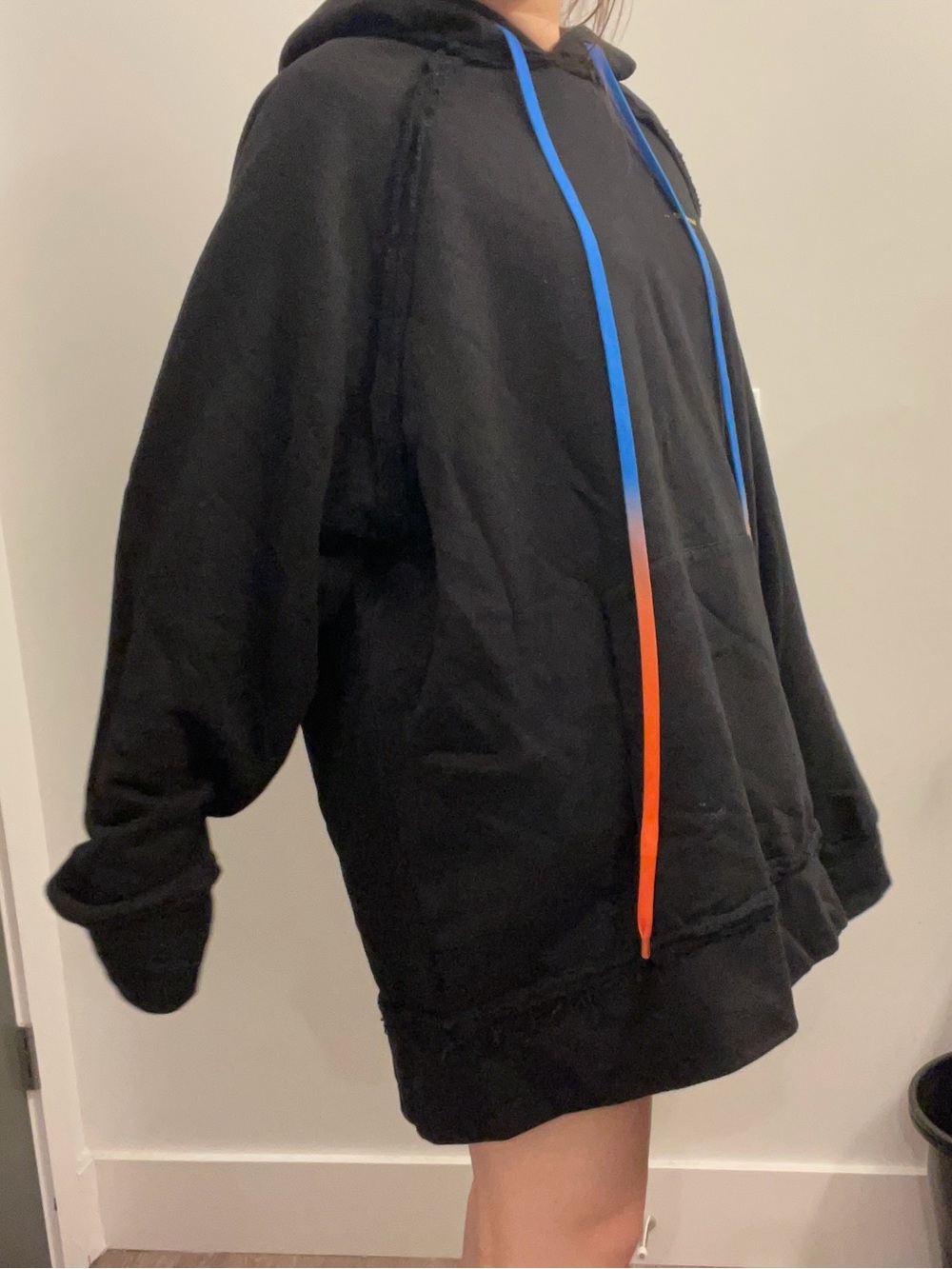Off-White oversized Black Hoodie with Blue-to-Orange Drawstrings XL